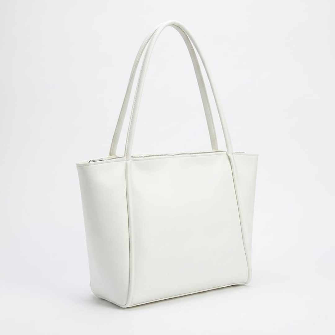 Noir Tote Bag White with Double Compartments and Zip Closure