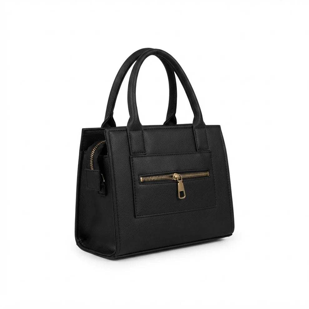 Black Structured Handbag with Twin Handles and Gold Tone Hardware